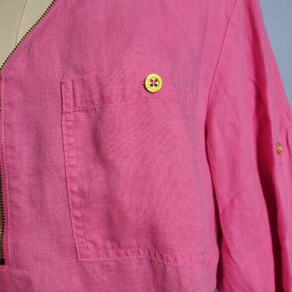 Company Ellen Tracy Extra Large Pink Peony Zippered V Neck Roll Tab Linen Blouse - Picture 9 of 13